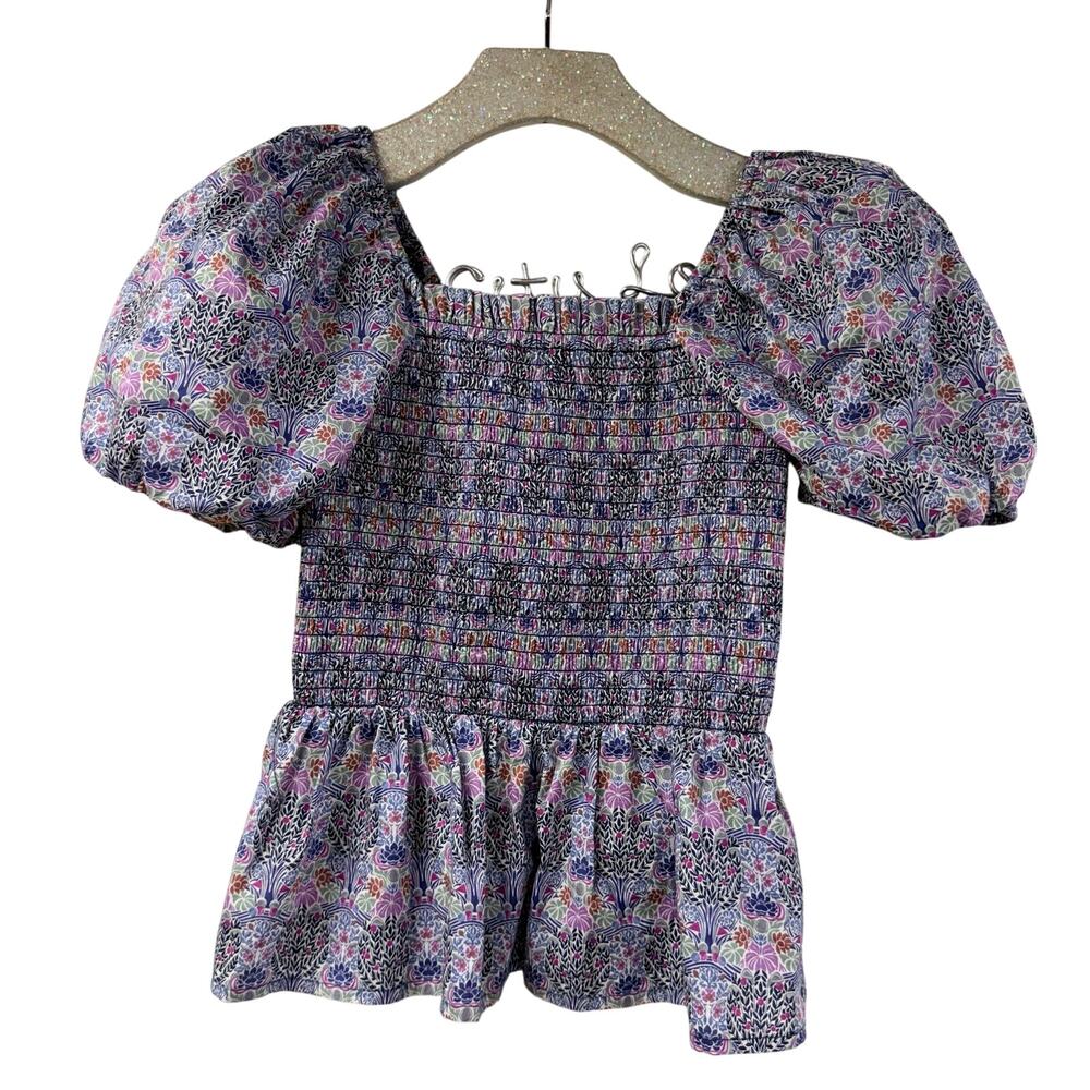 JCrew Puff Sleeve Peplum Top Floral Liberty Fabrics XS OrganicCotton SquareNeck